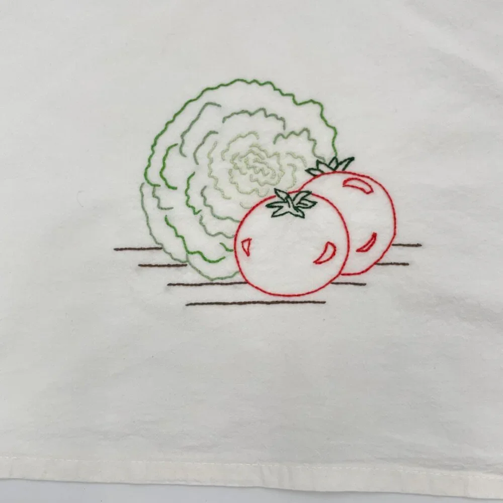 Embroidered Tea‎ Towel Oversize Tomato Lettuce Produce Vegetables White Kitchen
